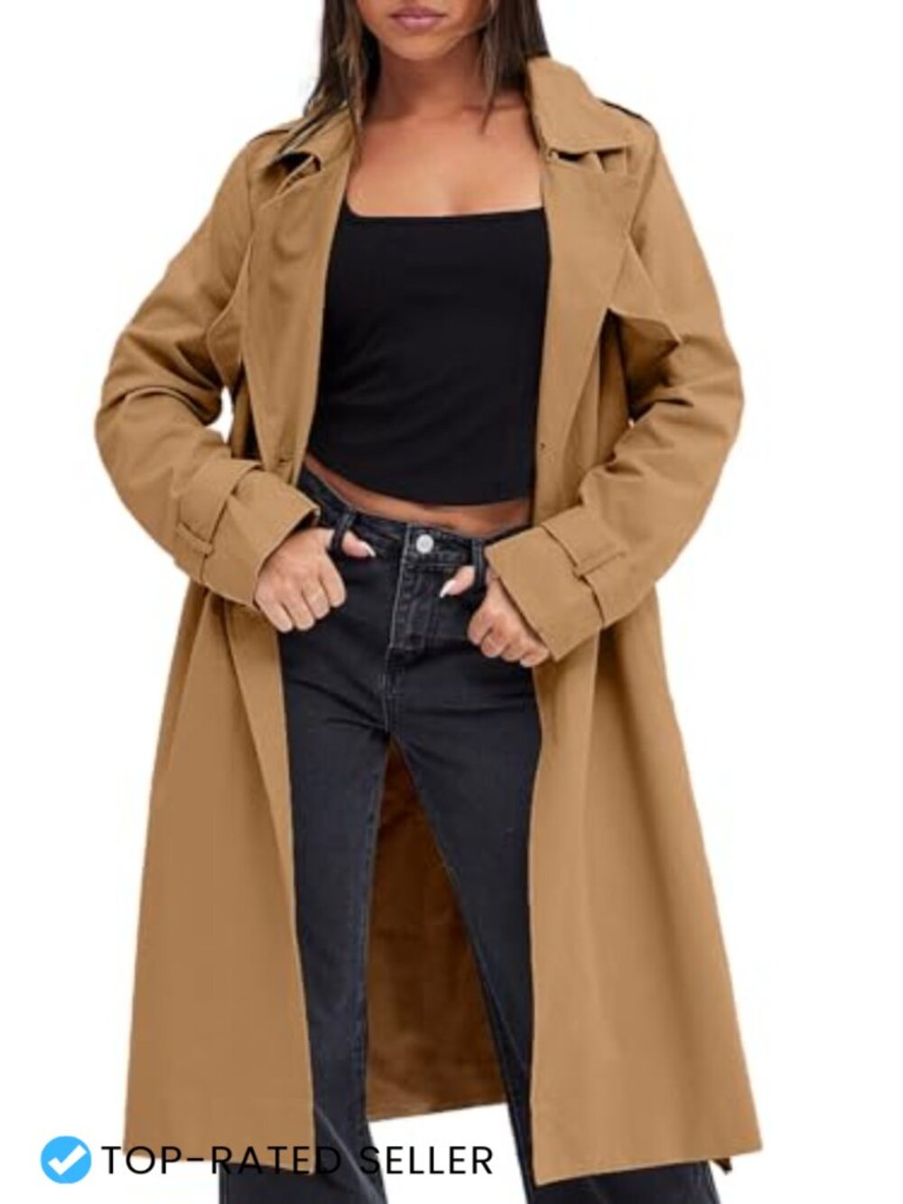 Women's Double Breasted Trench Coat Long 100% Polyester Belted Overcoat